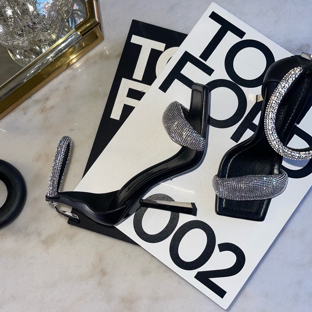 Versace Crystal Embellished Open Toe Sandals in Black